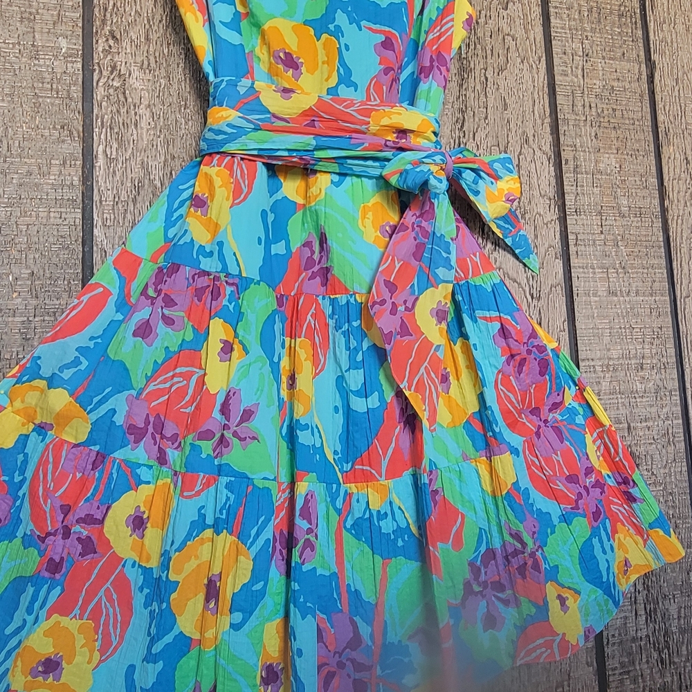Coldwater Creek Vibrant Floral Womens Dress - Blue, Yellow, Pink